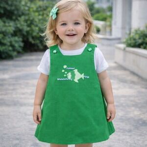 Vintage Handmade Toddler Jumper Dress Green Fish Applique Gingham Lined Girls 2T